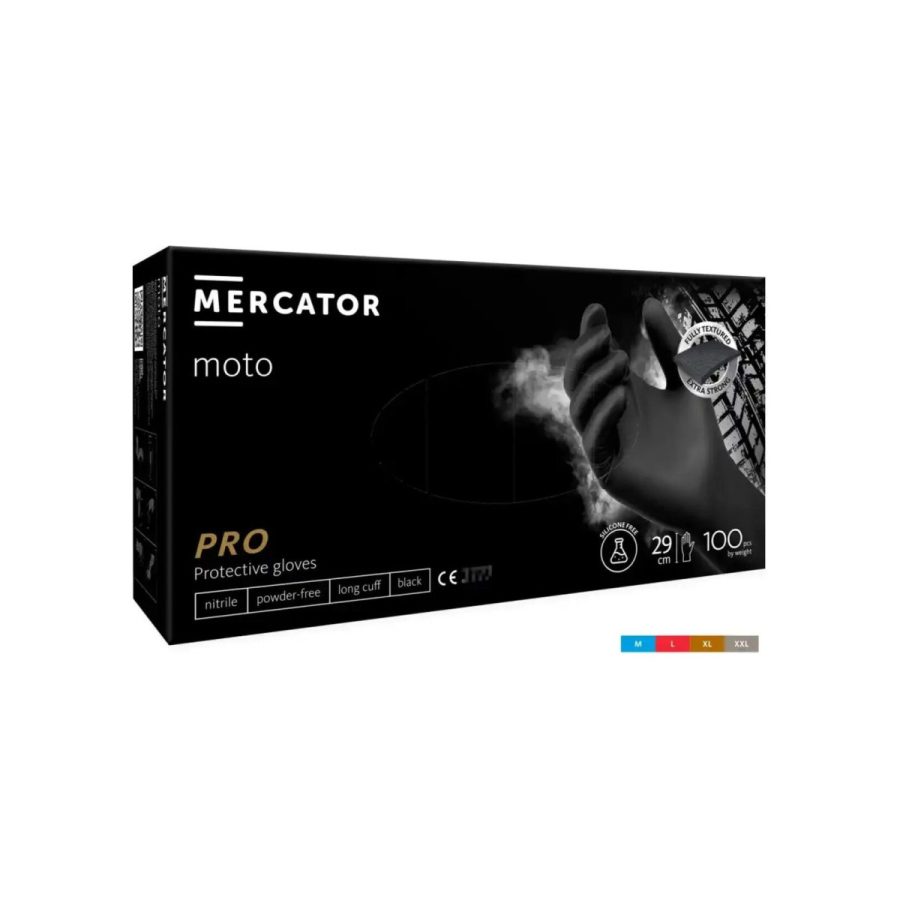 MERCATOR moto black — nitrila cimdi ar pagarinātu aproci, bez pūdera, melni, N100 MERCATOR moto black — nitrila cimdi ar pagarinātu aproci, bez pūdera, melni, N100