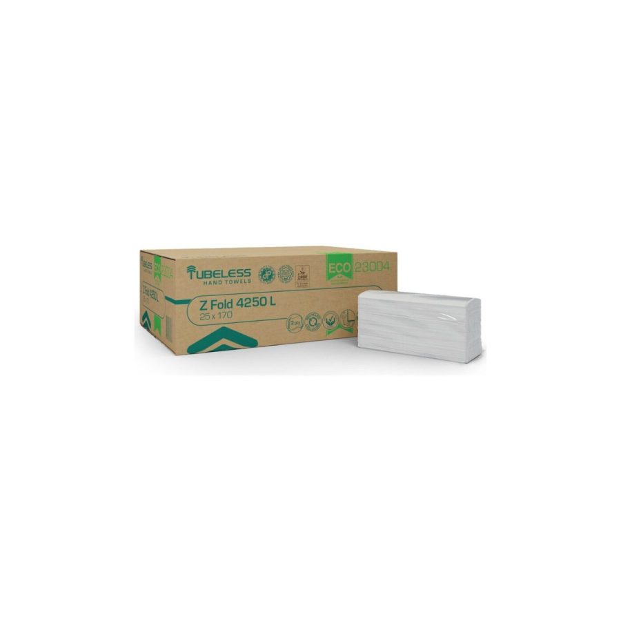 TUBELESS Z FOLD ECO 4250 L — divkārtu Z locījuma papīra roku dvieļi, 170 loksnes paciņā TUBELESS Z FOLD ECO 4250 L — divkārtu Z locījuma papīra roku dvieļi, 170 loksnes paciņā